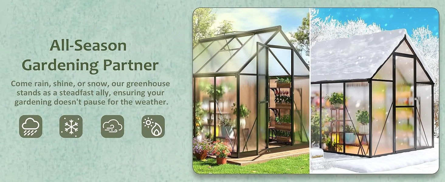 8x12 FT Greenhouse for Outdoors, Quick Setup Polycarbonate Greenhouse with Roof Vent, Aluminum Large Walk-in Greenhouse ,Black