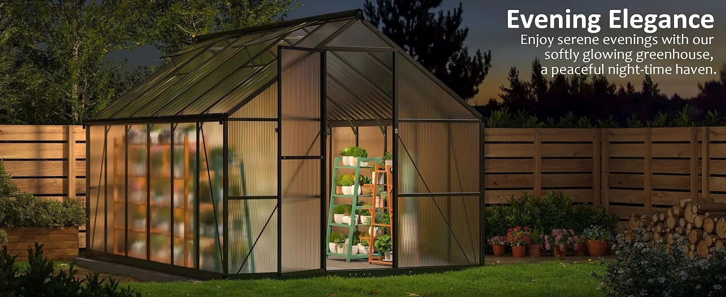 8x12 FT Greenhouse for Outdoors, Quick Setup Polycarbonate Greenhouse with Roof Vent, Aluminum Large Walk-in Greenhouse ,Black