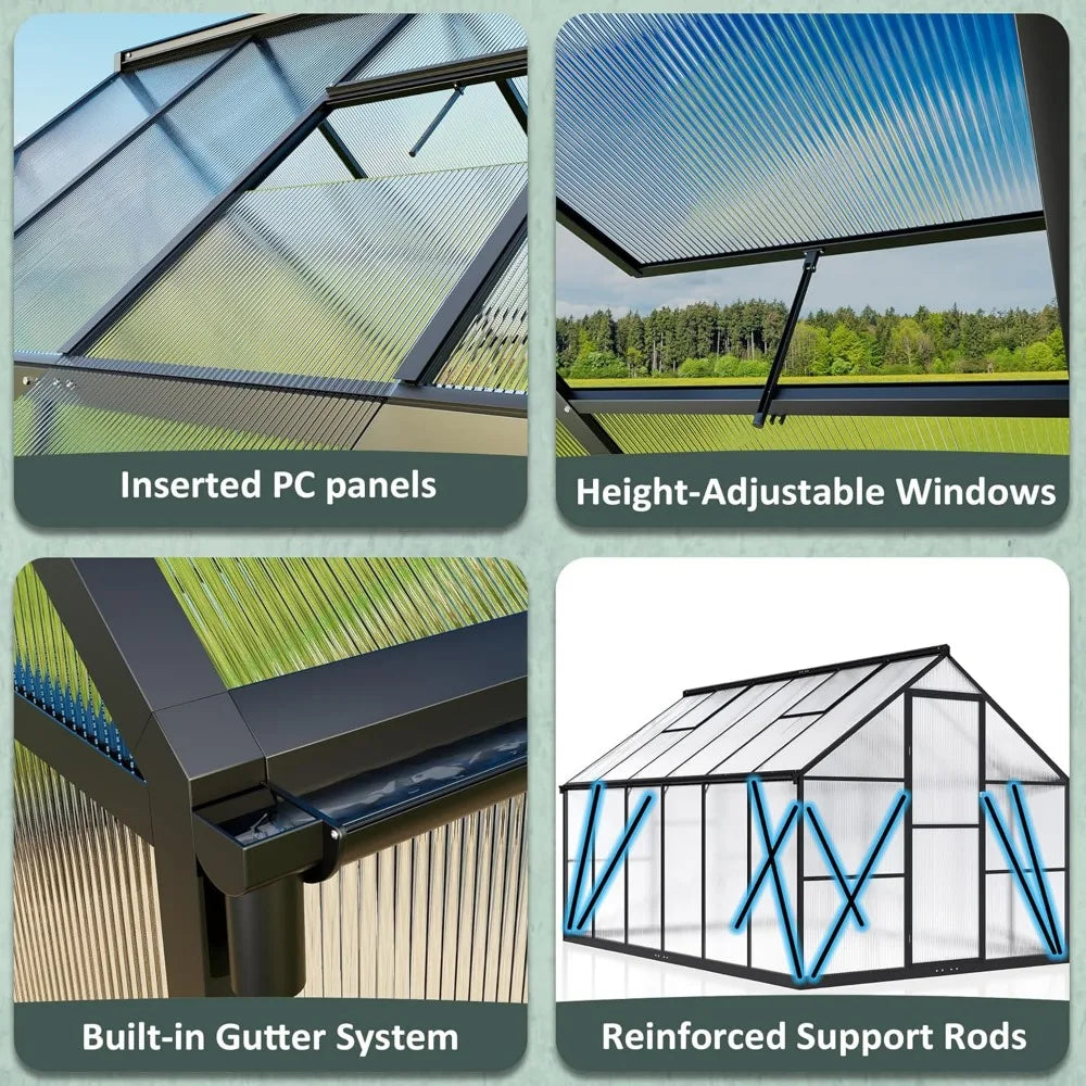 8x12 FT Greenhouse for Outdoors, Quick Setup Polycarbonate Greenhouse with Roof Vent, Aluminum Large Walk-in Greenhouse ,Black