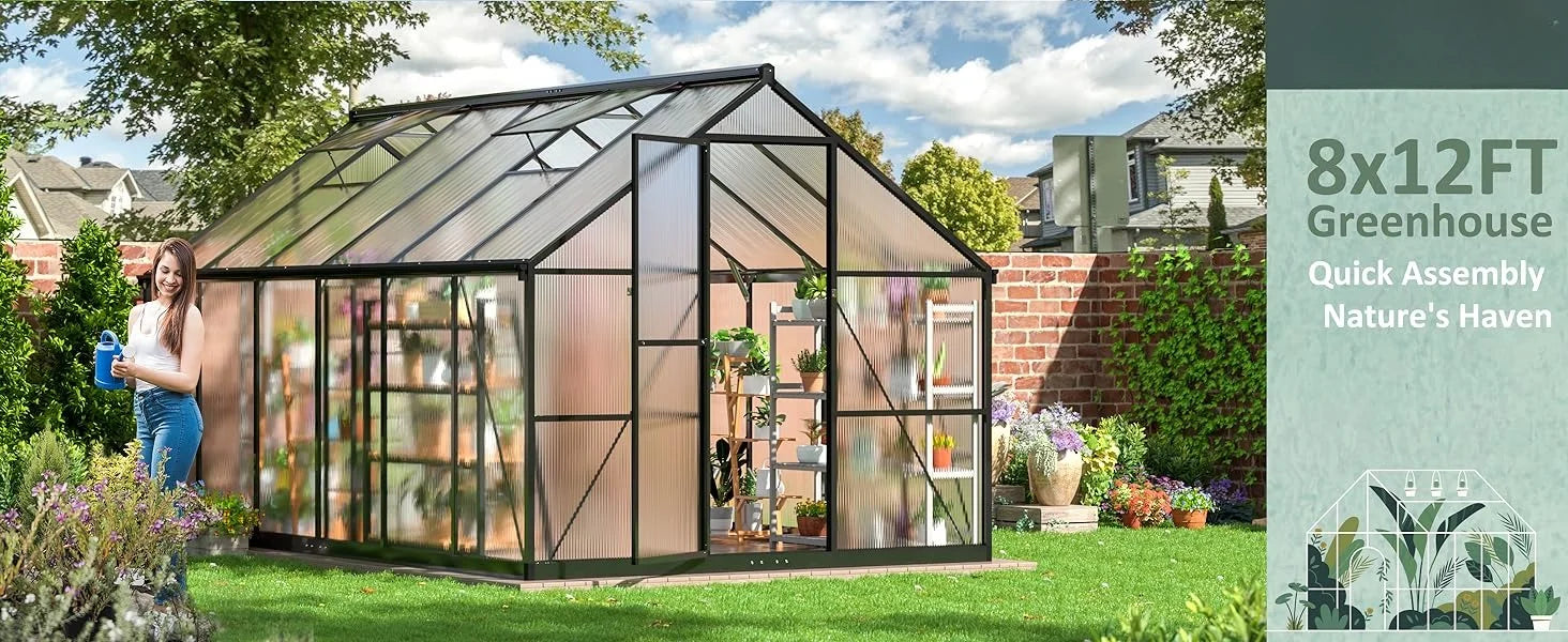 8x12 FT Greenhouse for Outdoors, Quick Setup Polycarbonate Greenhouse with Roof Vent, Aluminum Large Walk-in Greenhouse ,Black