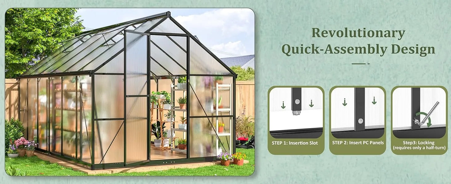 8x12 FT Greenhouse for Outdoors, Quick Setup Polycarbonate Greenhouse with Roof Vent, Aluminum Large Walk-in Greenhouse ,Black