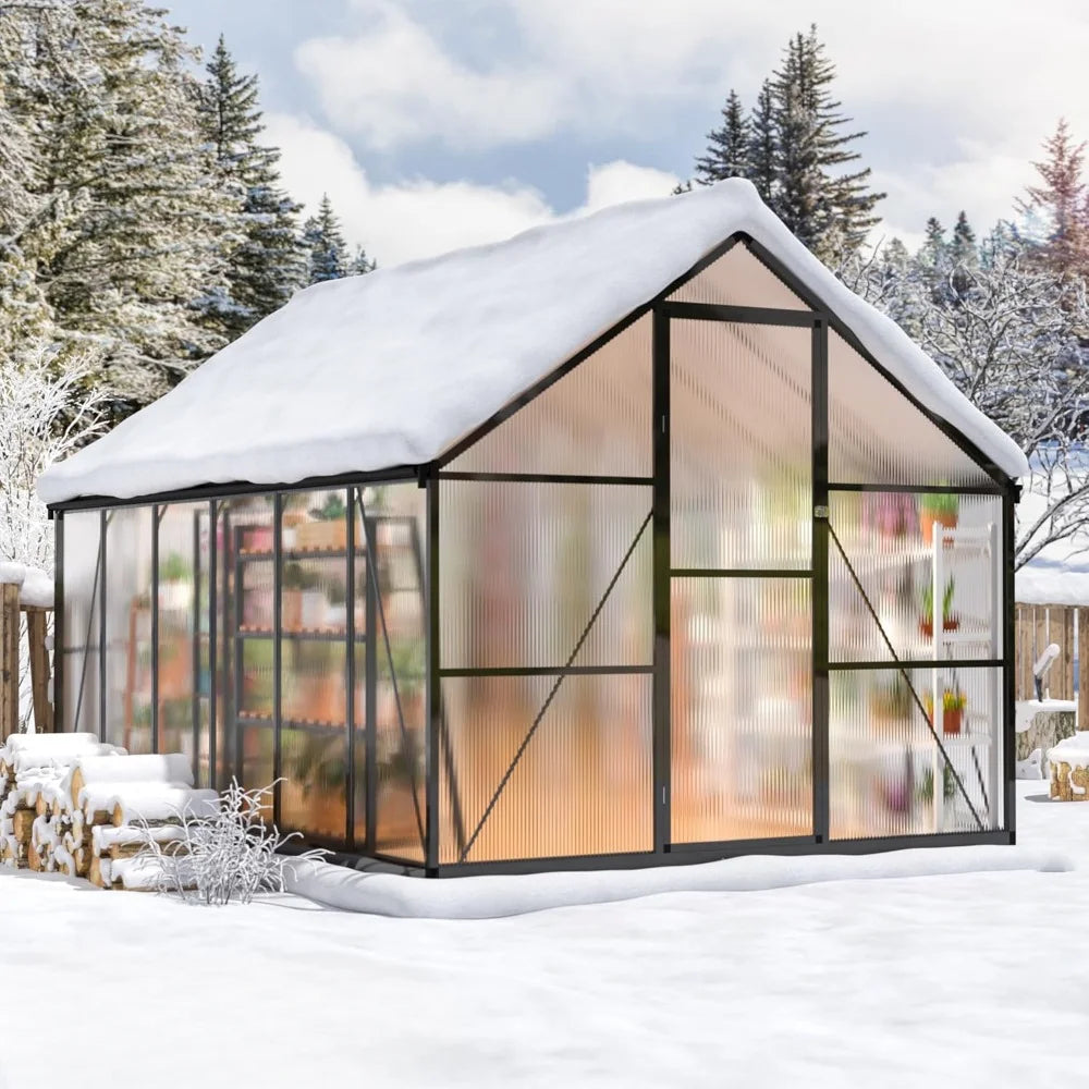 8x12 FT Greenhouse for Outdoors, Quick Setup Polycarbonate Greenhouse with Roof Vent, Aluminum Large Walk-in Greenhouse ,Black