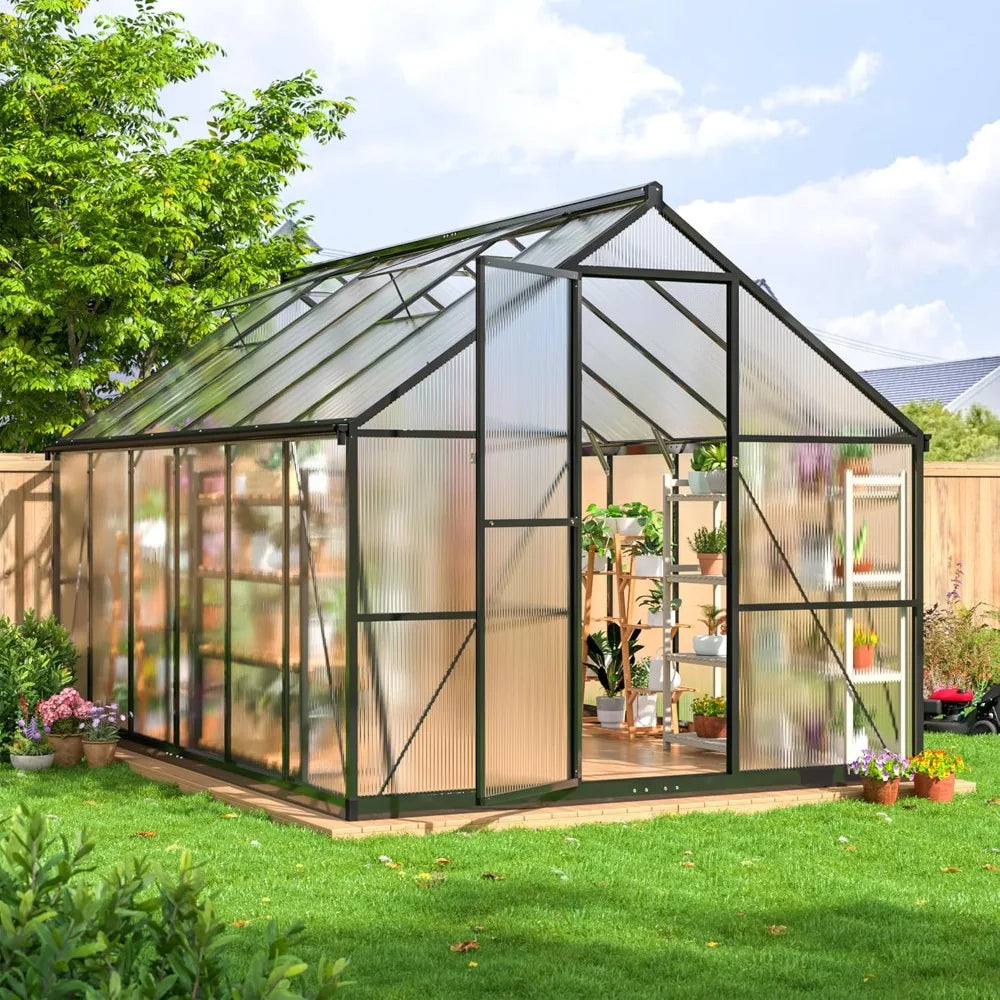 8x12 FT Greenhouse for Outdoors, Quick Setup Polycarbonate Greenhouse with Roof Vent, Aluminum Large Walk-in Greenhouse ,Black