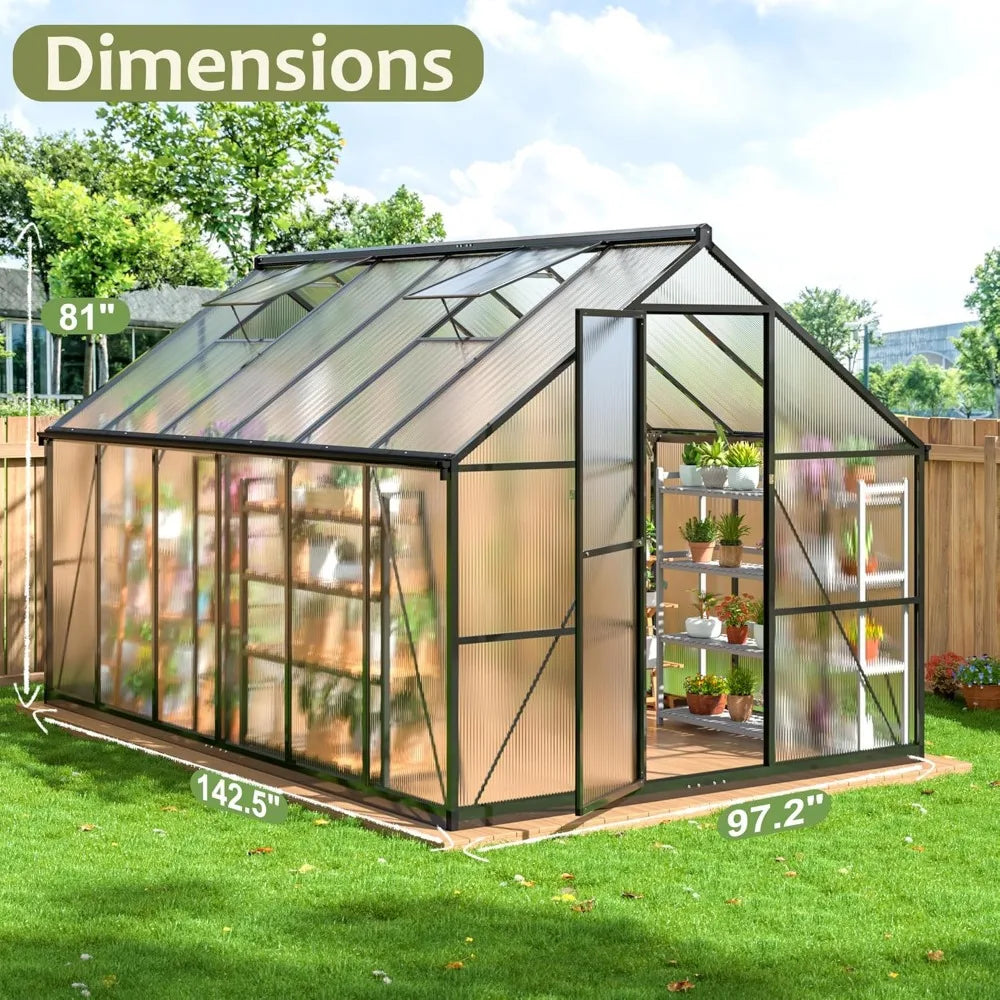 8x12 FT Greenhouse for Outdoors, Quick Setup Polycarbonate Greenhouse with Roof Vent, Aluminum Large Walk-in Greenhouse ,Black