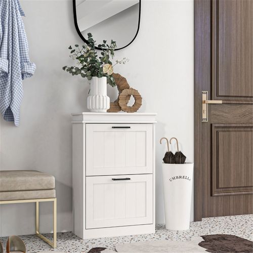 Elegant White Shoe Storage Cabinet with Tilt-Out Drawers – Space-Saving Design