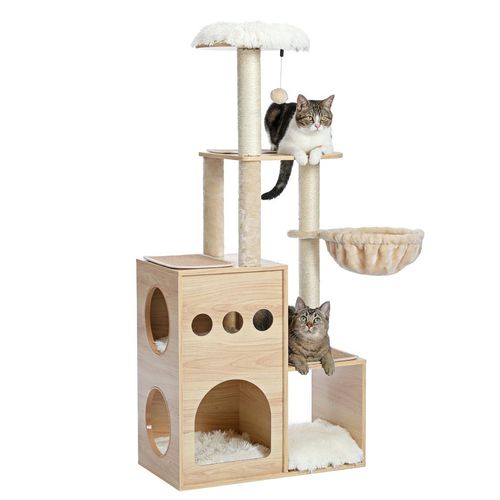 Elegant Cat Castle: Multi-Level Wooden Cat Tree with Cozy Condos & Hammock